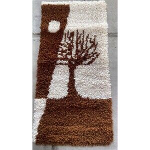 Vintage 70s Latch Hook Rug Or Wall Hanging Brown Tree MCM Style Groovy Cabin